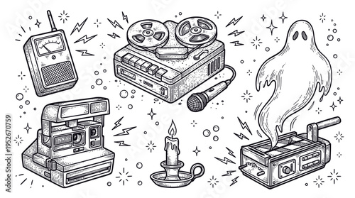 Vintage Paranormal Investigator Equipment and Ghost Hunting Tools Vector Illustration Set in Engraving Style