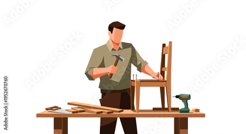 A man is diligently working on assembling a wooden chair with a hammer and nails, surrounded by woodworking tools and materials on a workbench.