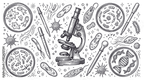 Vintage Hand Drawn Scientific Laboratory Set with Microscope, Petri Dishes, Bacteria, Viruses, and DNA Helix Engraving Style Vector Illustration