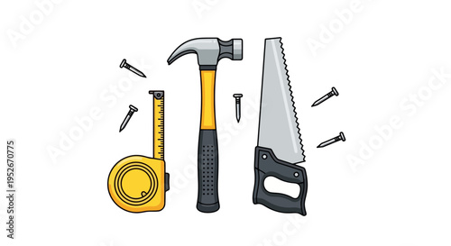 Illustration of essential carpentry and construction tools including a hammer, hand saw, measuring tape, and scattered nails on a white background.
