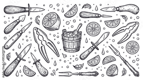 Vintage Seafood Tools and Kitchenware Set with Oyster Knives, Lobster Crackers, Lemons and Ice Bucket Hand Drawn Vector Illustration in Engraving Style