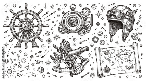 Vintage Steampunk Travel and Navigation Set Vector Illustration featuring Ship's Wheel, Pilot Helmet, Sextant, and Old Map Sketch
