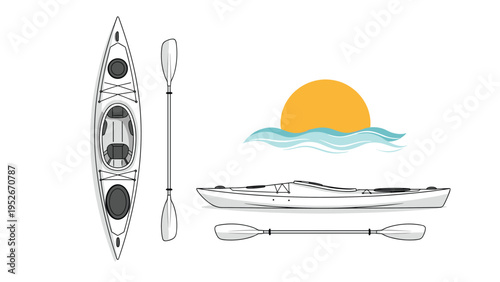 Graphics showing an outdoor kayak from various perspectives including a sunset icon and oars for adventure travel and water sports enthusiasts.