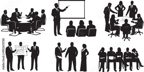 Vector set of business people silhouettes featuring corporate boardroom meetings, group discussions, and professional office presentations.
