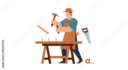 Illustration of a carpenter working at a wooden workbench, hammering nails with tools like a saw nearby.