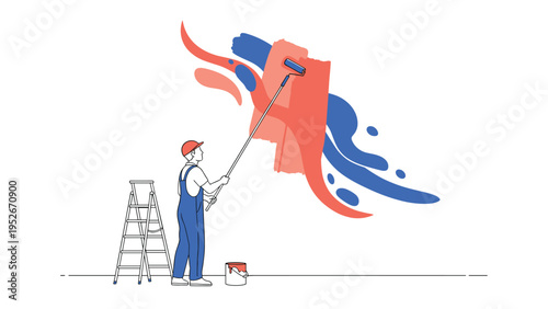 Professional painter stands on a ladder while using a long-handled roller to apply red and blue paint strokes to a white wall in a modern room.