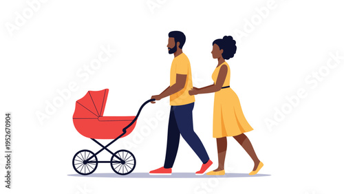 Happy parents walk together while pushing a red baby stroller on a bright sunny day representing family life, parenting, and outdoor activities.