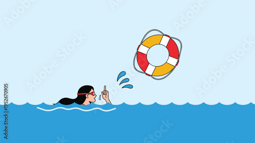 Person in a life-threatening situation in the ocean reaches out for a bright red and yellow lifebuoy being thrown for an emergency water rescue.