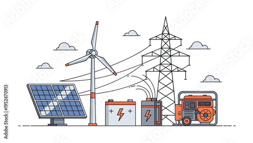 Illustration of clean energy infrastructure featuring solar panels, a wind turbine, power lines, and battery storage for a sustainable future.