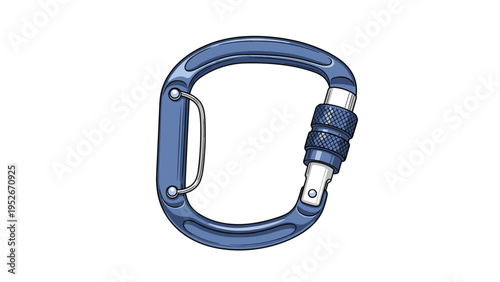 Close-up illustration of a blue metallic climbing carabiner with a screw lock mechanism for safety in mountaineering and outdoor rock climbing.