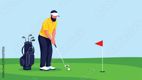Male golfer in a yellow shirt prepares to putt a ball into the hole on a green field next to his bag of clubs during a professional sport match.