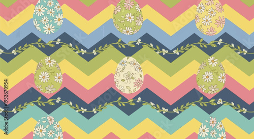 Vibrant easter pattern with colorful chevrons and floral easter eggs on pastel background