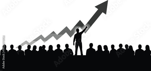 Vector set of business people silhouettes featuring office desk work, pointing the path of success