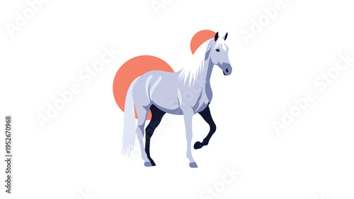 Elegant white horse with a long mane walks gracefully against a background of abstract orange circles on a clean white space for a minimalist look.