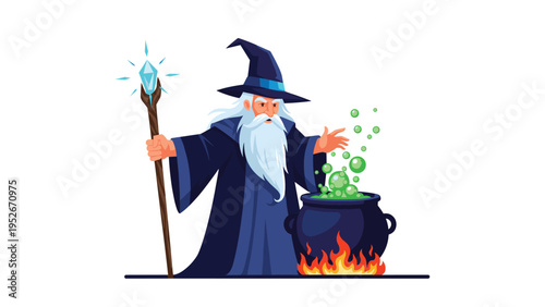Classic wizard with a long white beard and a pointed hat stirs a bubbling green potion in a large black cauldron over a roaring fire with magic.