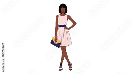 Stylish woman in a light-colored dress and navy blue belt poses with a matching clutch bag and high-heeled sandals for a sophisticated fashion look.
