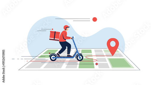 Delivery courier rides an electric scooter across a digital map with a red pin indicating the destination for a fast and efficient food service.