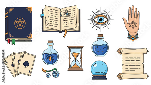 Array of mystical occult objects including a spellbook, crystal ball, tarot cards, an hourglass, and an all-seeing eye for esoteric practices.