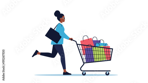 Stylish woman runs enthusiastically while pushing a metal shopping cart full of colorful bags on a clean white background for seasonal sales events.
