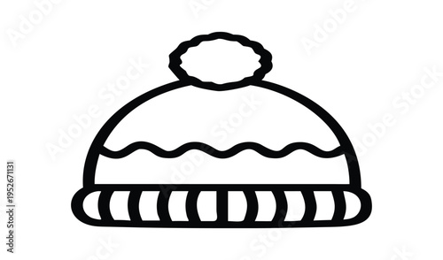Simple line art icon of a winter beanie hat with a pom pom