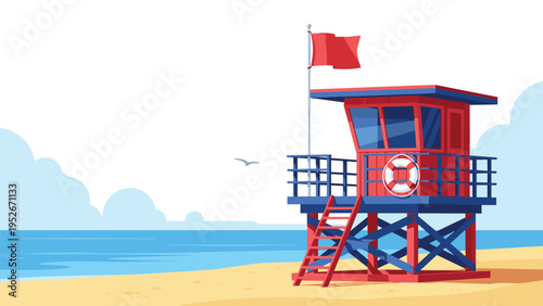 Iconic red and blue lifeguard tower sits on a sandy beach under a clear sky with a red warning flag flying in the sea breeze near the ocean waves.