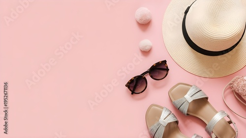 Summer Beach Accessories Flat Lay on Pink Background
