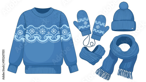 Set of cozy blue winter clothing including a knitted sweater, mittens, a beanie hat, and a warm scarf with white snowflake patterns on a backdrop.