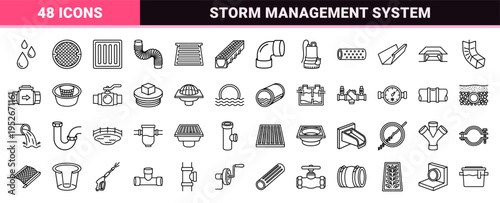 Sanitary Drainage Systems and Storm Water Management Monoline Symbols. High-Clarity Industrial Infrastructure and Plumbing Engineering Linear Art.
