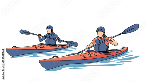 Two people wearing helmets and life jackets paddle their orange kayaks across calm blue water during a group outdoor adventure activity in nature.