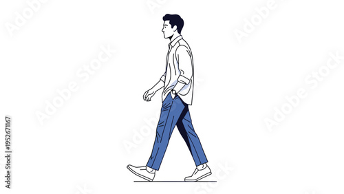Young man dressed in a white long-sleeved shirt and blue trousers walks forward with a confident stride in a simple minimalist vector design style.