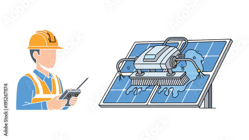 Solar Panel Cleaning Automation: An engineer oversees a high-tech solar panel cleaning robot, demonstrating innovation and efficiency in renewable energy maintenance.