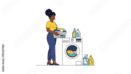 Woman stands next to a modern washing machine holding a basket of clothes while various detergent bottles are placed nearby for cleaning chores.
