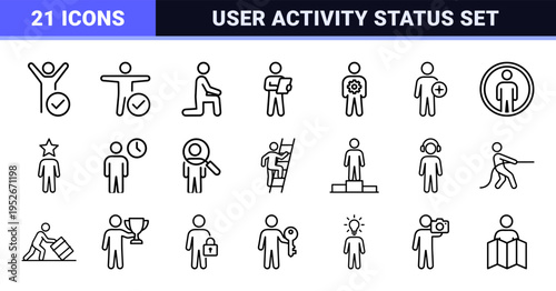 Humanoid Posture and Status Verification Minimalist Line Art Symbols for Interface Navigation and User Profile Management Systems.