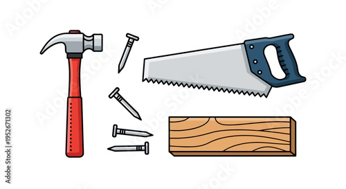 A collection of essential carpentry tools and materials, including a hammer, various nails, a hand saw, and a wooden plank, set against a white background.