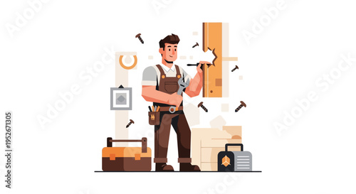 A male carpenter or handyman assembling wooden furniture with a screwdriver, surrounded by tools and screws, illustrating home improvement and craftsmanship.