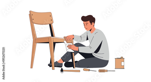 Man sitting on the floor assembling a wooden chair with various tools scattered around him, illustrating furniture construction.