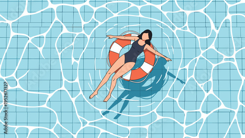 Relaxed woman floats on a red and white lifebuoy in a clear blue swimming pool with gentle ripples reflecting the bright sunlight from above.