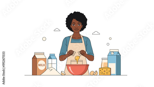 Woman wearing an apron stands at a kitchen counter cracking eggs into a red bowl while surrounded by milk, flour, and cheese for a baking recipe.
