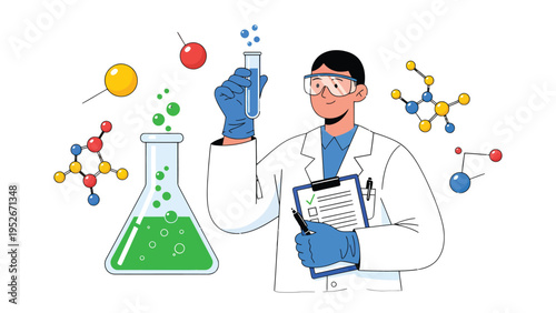 The Scientist's Discovery: A dedicated scientist meticulously conducts an experiment, his focus evident as he examines the contents of a test tube. Surrounded by chemical structures.