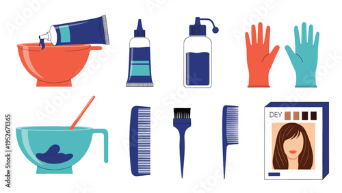 Detailed set of hair dyeing tools and products includes bowls, brushes, combs, protective gloves, and a box of professional hair color for a salon.