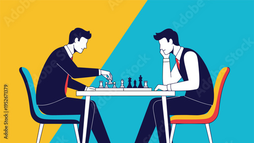 Two businessmen sit at a white table and engage in a strategic game of chess against a split yellow and teal background scene in a modern office.