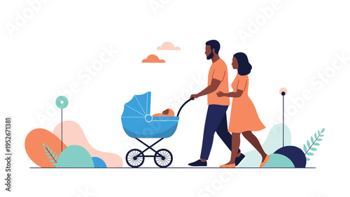 Happy African American couple walks together through a scenic park while pushing a blue baby stroller during a warm sunset stroll in the evening.