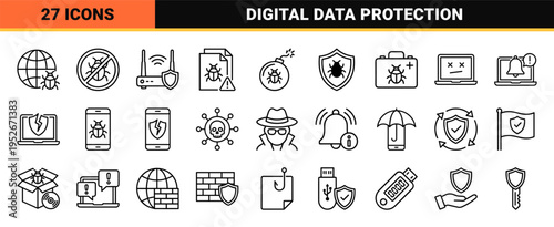 Cyber Security Technical Monoline Icons featuring Data Protection and Malware Defense Symbols in Sophisticated Minimalist Outline Style