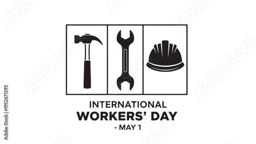 International Workers Day logo with hammer, wrench and hard hat in black and white minimalist style for labor day