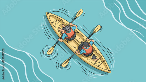 Overhead view of two people in a yellow tandem kayak paddling through blue rippling water during an organized group outdoor adventure trip.