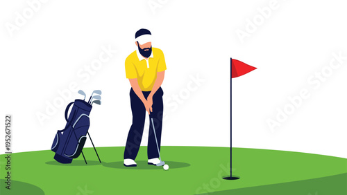 Bearded man in a yellow shirt and white visor putts a golf ball on a green towards a red flag in a calm sports setting on a beautiful sunny day.