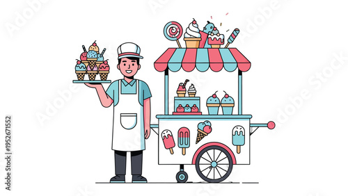 Sweet Treats Vendor: A cheerful vendor stands proudly beside his ice cream cart, showcasing a delectable assortment of frozen treats.