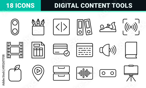 Media Content Creator Technical Monoline Outline Symbols for Digital Video Editing and Graphic Design Workflow Management