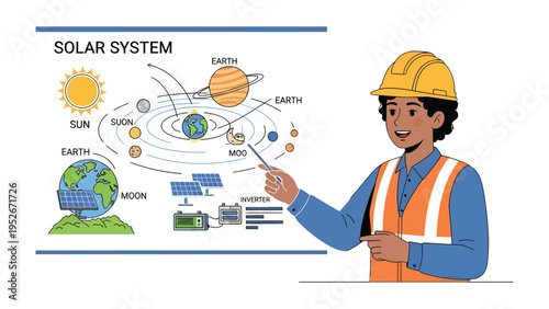 Solar System Instructor: An educator, donned in safety attire, passionately elucidates the marvels of the solar system, making learning about celestial bodies accessible and engaging.