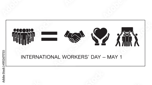 Black and white International Workers Day logo with equality and unity symbols in simple line style for labor rights campaign